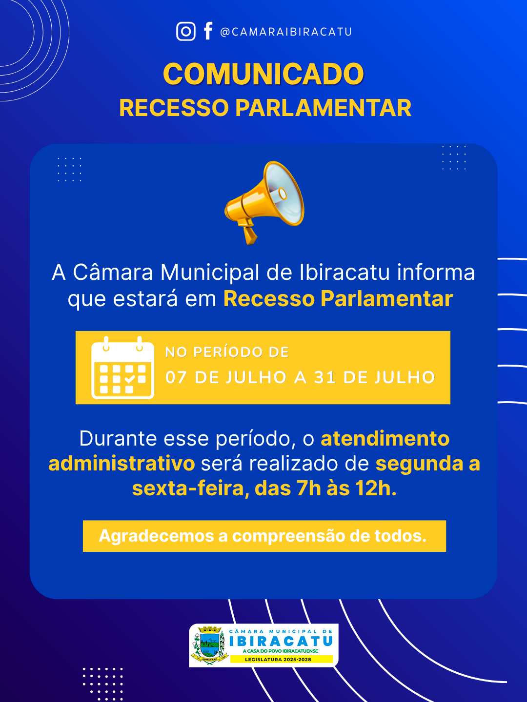 Câmara Municipal de Ibiracatu entra em Recesso Parlamentar